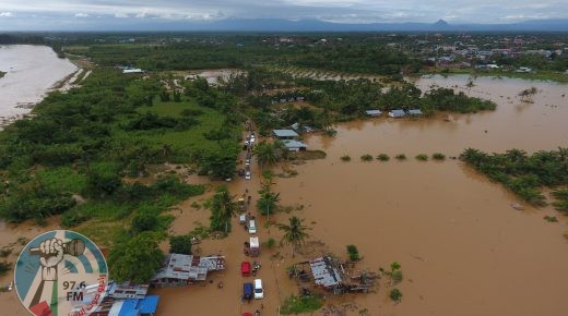 This aerial picture taken on April 27, 2019 shows a general view of submerged buildings after heavy rain caused flooding in Bengkulu on the Indonesian island of Sumatra. - At least 10 people are dead and eight are missing after days of heavy rain-triggered floods and landslides on the Indonesian island of Sumatra, authorities said on April 28. (Photo by DIVA MARHA / AFP)