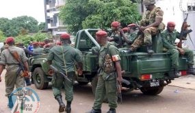 epa09449680 Guinean military deploy on the streets of Conakry, Guinea, 05 September 2021. According to a video broadcasted on state television, Guinea's President Alpha Conde has been detained by army special forces in Conakry as gunfire was heard on the streets of the centre of Guinea's capital. Guinea Colonel Mamady Doumbouya spoke on a state television broadcast saying President Alpha Conde was in custody and warned people to stay indoors. EPA-EFE/STR BEST QUALITY AVAILABLE