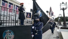 WASHINGTON, DC - JANUARY 18: A member of the Air Force holds a Space Force flag in an honor guard during a dress rehearsal for the 59th inaugural ceremony for President-elect Joe Biden and Vice President-elect Kamala Harris at the U.S. Capitol on January 18, 2021 in Washington, DC. Biden will be sworn-in as the 46th president on January 20th. (Photo by Greg Nash - Pool/Getty Images)