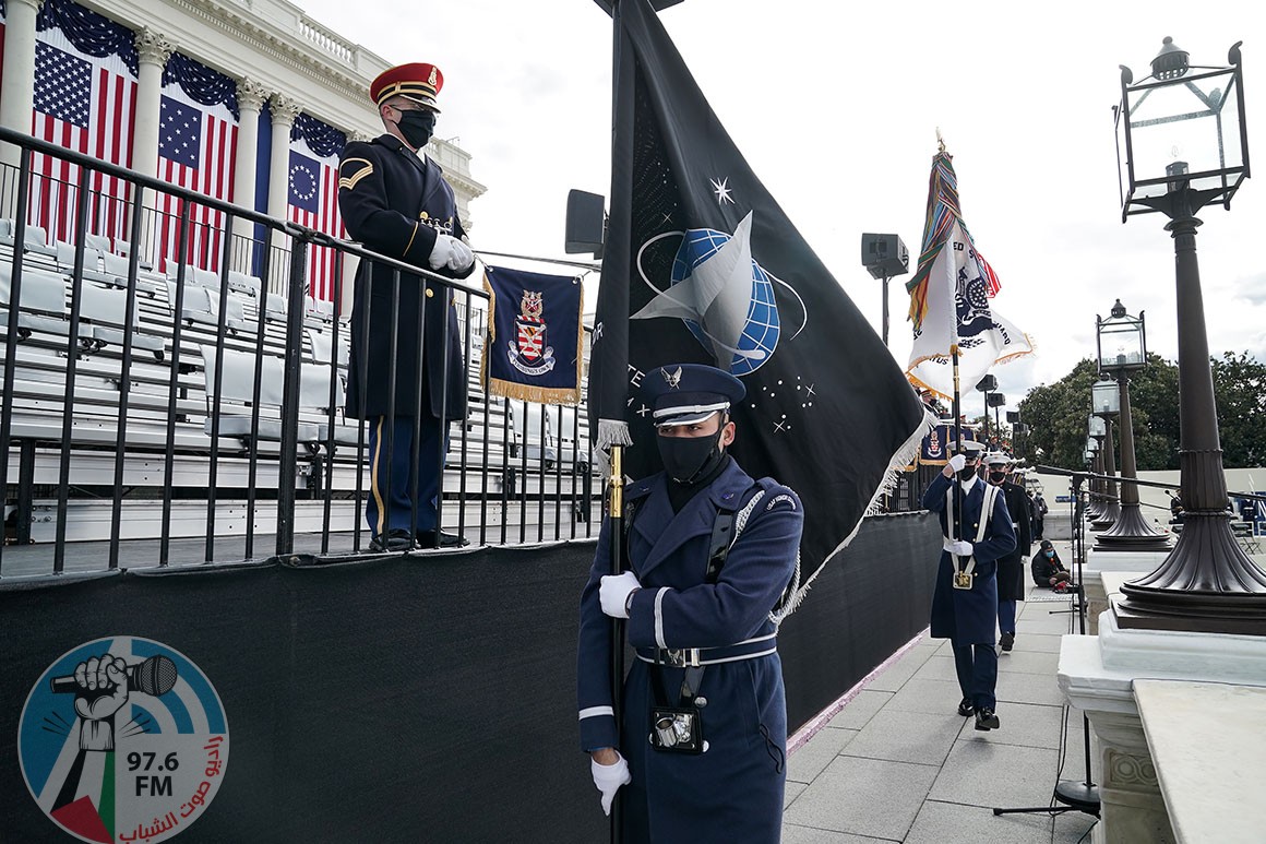 WASHINGTON, DC - JANUARY 18: A member of the Air Force holds a Space Force flag in an honor guard during a dress rehearsal for the 59th inaugural ceremony for President-elect Joe Biden and Vice President-elect Kamala Harris at the U.S. Capitol on January 18, 2021 in Washington, DC. Biden will be sworn-in as the 46th president on January 20th. (Photo by Greg Nash - Pool/Getty Images)