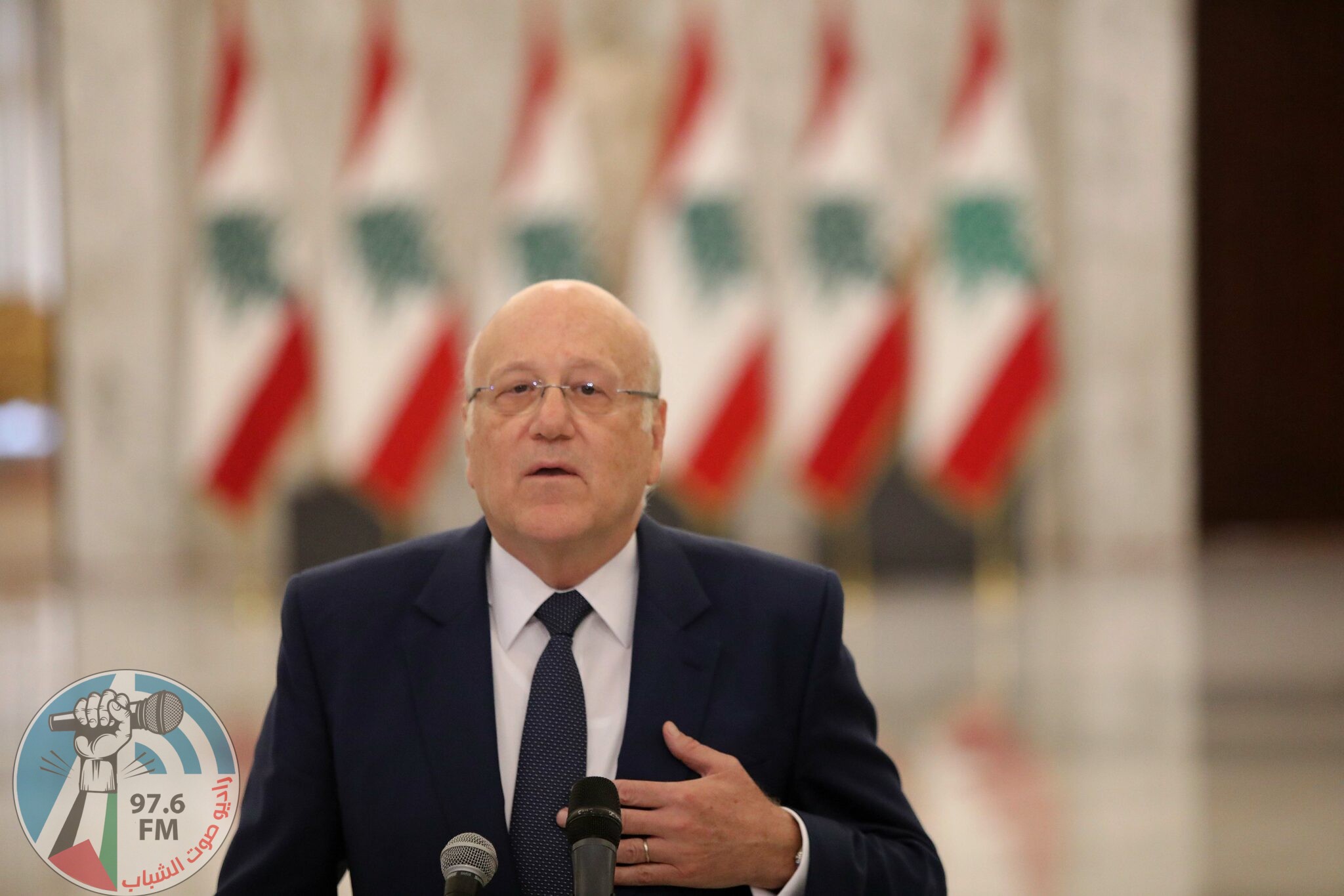 (210726) -- BAABDA (LEBANON), July 26, 2021 (Xinhua) -- Najib Mikati gives a speech following his appointment at Baabda Palace near Beirut, Lebanon, on July 26, 2021. Newly appointed Lebanese Prime Minister Najib Mikati vowed on Monday to quickly form a cabinet capable of implementing structural reforms based on the French initiative in cooperation with the civil society, Annahar local newspaper reported. (Xinhua/Bilal Jawich)