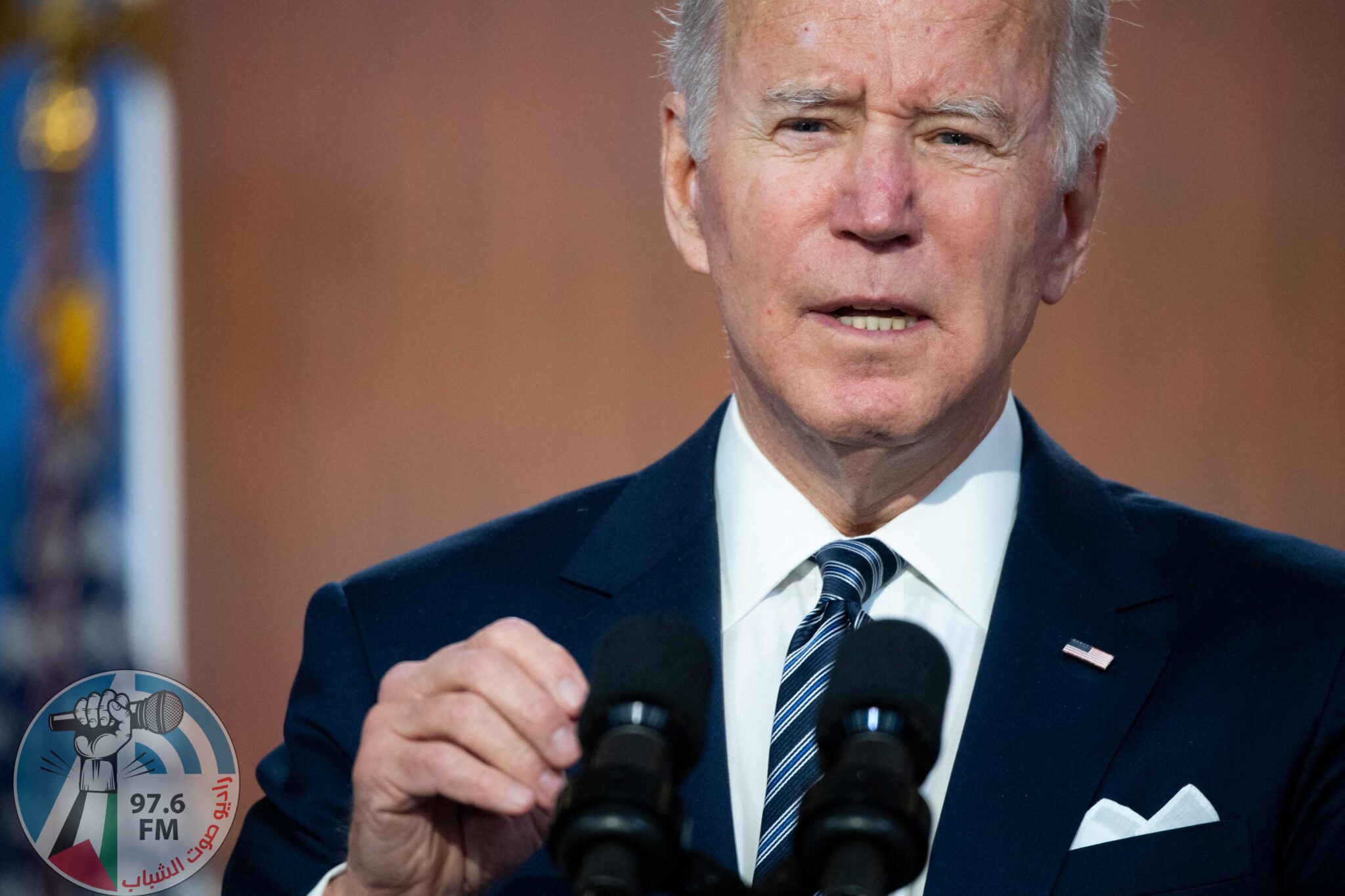 US President Joe Biden speaks during the closing remarks of the virtual Summit for Democracy in the Eisenhower Executive Office Building, adjacent to the White House, in Washington, DC, December 10, 2021. (Photo by SAUL LOEB / AFP)