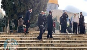 JERUALEM - APRIL 1: (----EDITORIAL USE ONLY MANDATORY CREDIT - 'JERUSALEM ISLAMIC WAQF / HANDOUT' - NO MARKETING NO ADVERTISING CAMPAIGNS - DISTRIBUTED AS A SERVICE TO CLIENTS----) Hundreds of Israeli settlers are forced their way into Jerusalemâs Al-Aqsa Mosque compound to celebrate the week-long Jewish holiday of Passover, according to a Palestinian authority, on April 1, 2021. (Photo by Jerusalem Islamic Waqf/Handout/Anadolu Agency via Getty Images)