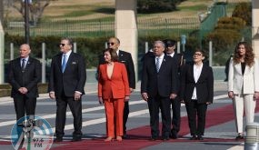 Speaker of the United States House of Representatives Nancy Pelosi (C) stands next to Israeli Knesset Speaker Mickey Levy (C-R) during a welcome ceremony at the Knesset (Israeli Parliament) in Jerusalem on February 16, 2022. (Photo by Menahem KAHANA / AFP)