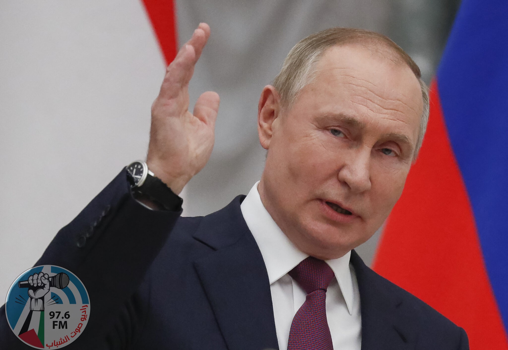 Russian President Vladimir Putin gestures as he talks during a press conference with Hungarian Prime Minister after their meeting at the Kremlin in Moscow on February 1, 2022. (Photo by YURI KOCHETKOV / POOL / AFP)