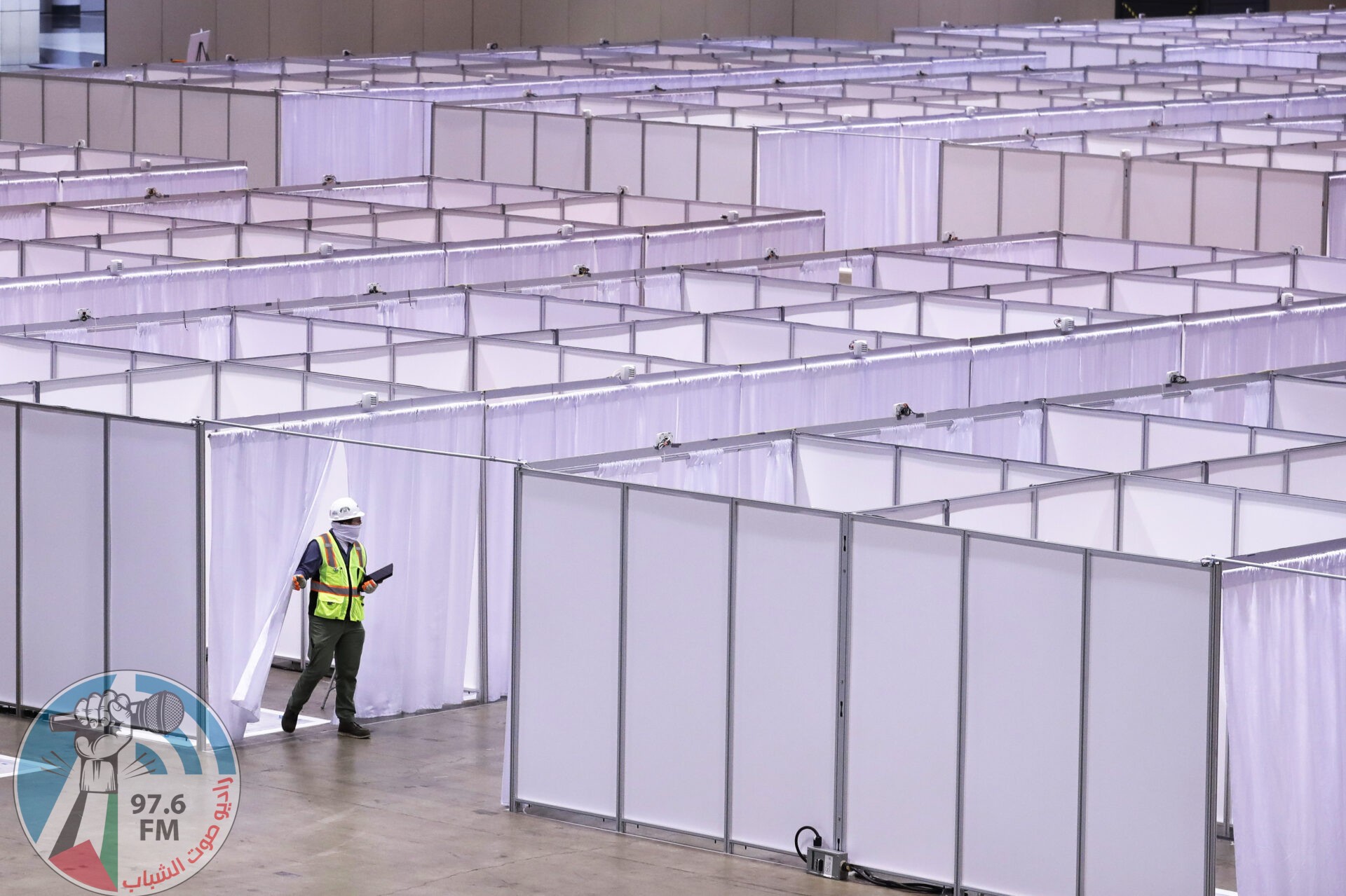 Construction at the COVID-19 field hospital at McCormick Place in Chicago on April 10. The city pared back plans for a 3,000-bed temporary hospital at the nation's largest convention center as infection numbers decreased.