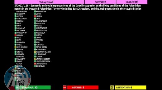 المجلس الاقتصادي والاجتماعي للأمم المتحدة يعتمد قرارين لصالح فلسطين