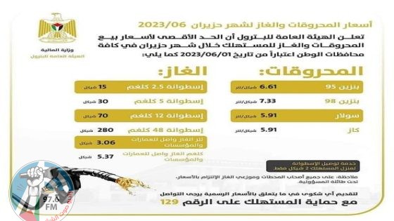 أسعار المحروقات والغاز الرسمية لشهر حزيران