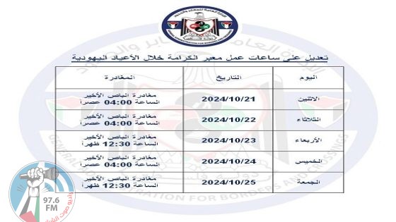 إدارة المعابر: تعديل ساعات العمل على معبر الكرامة للأسبوع الحالي