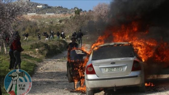 مستوطنون يحرقون مركبة مواطن أثناء قطف الزيتون في قبلان