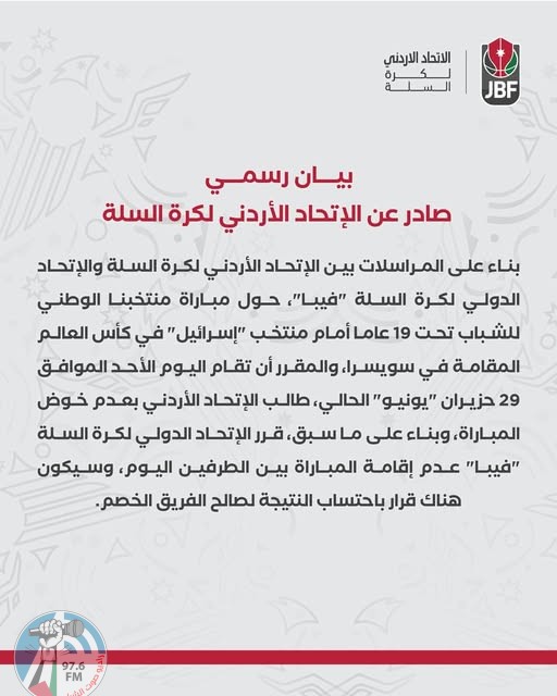 منتخب الأردن ينسحب من مباراته أمام إسرائيل في كأس العالم للشباب لكرة السلة