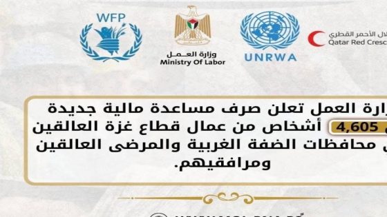 وزارة العمل تعلن عن صرف دفعة مالية جديدة لمساعدة عمال غزة والمرضى ومرافقيهم المتواجدين في المحافظات الشمالية.
