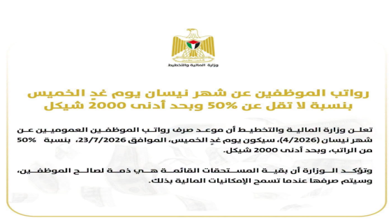 المالية: رواتب الموظفين عن شهر نيسان يوم غدٍ الخميس بنسبة لا تقل عن 50% وبحد أدنى 2000 شيكل